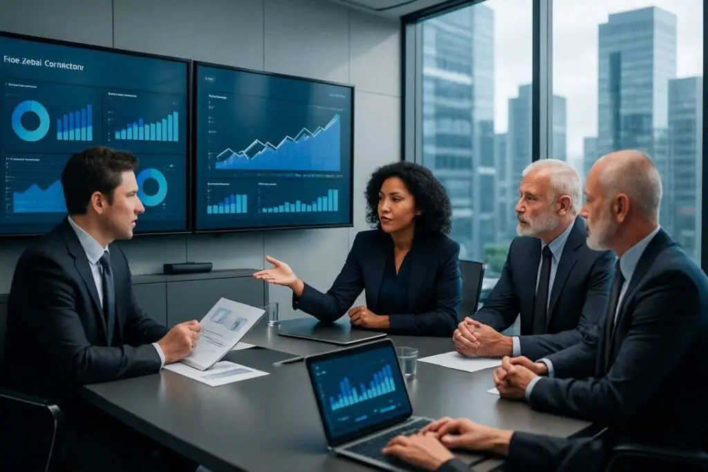 Riunione tra investitori davanti a grafici finanziari