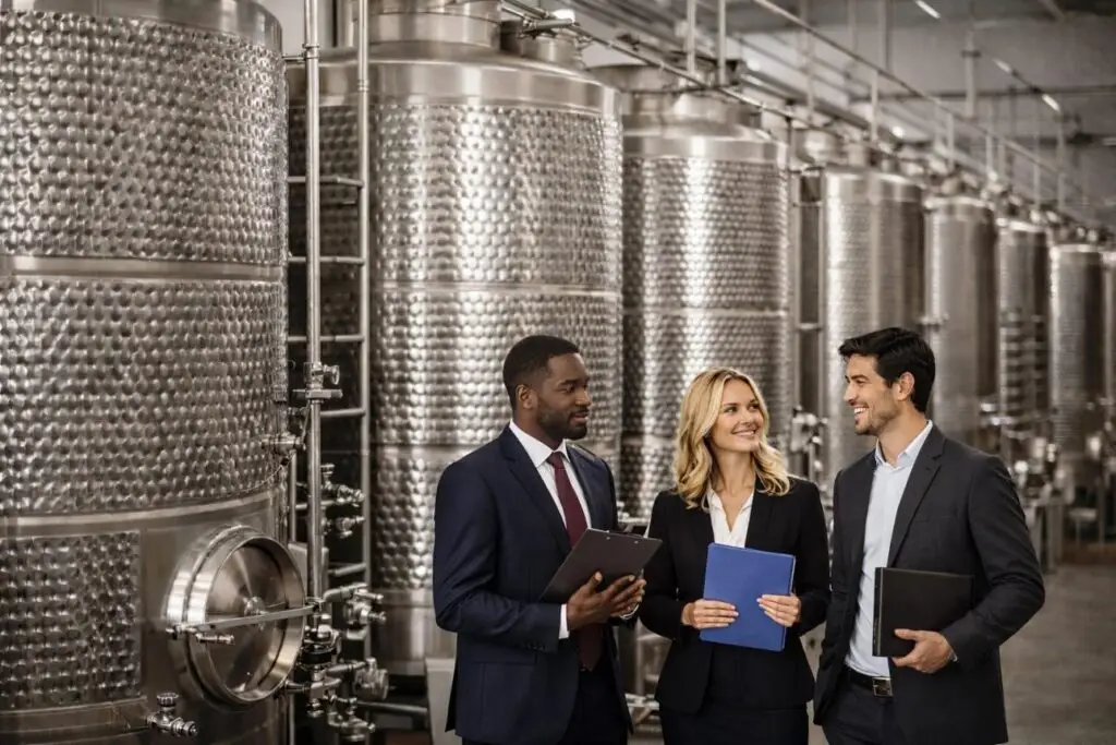 Tre professionisti a colloquio tra le vasche in acciaio di una cantina