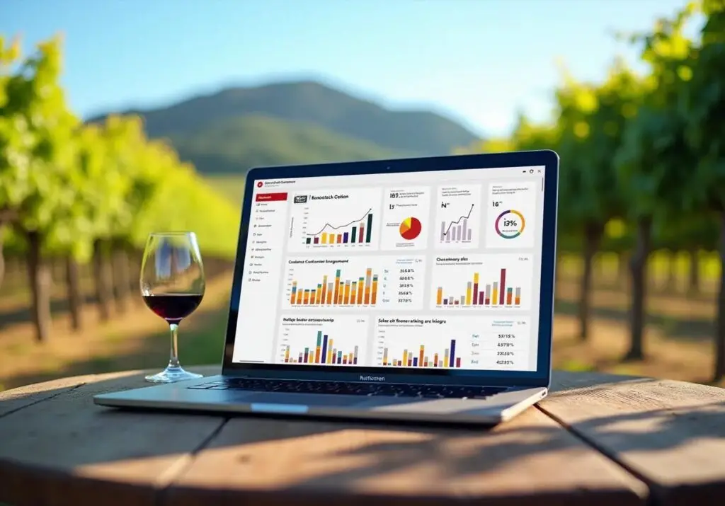 Portatile con grafici di mercato e calice di vino in un vigneto